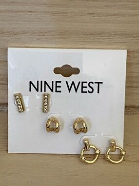 New Nine West Gold Tone Trio Earring Set with Crystal Bar Studs